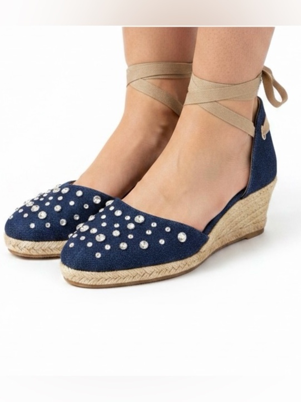 Schutz Raw Crystal Denim Espadrille Sandals Lace Up Ties Womens Size 7.5 EU 38